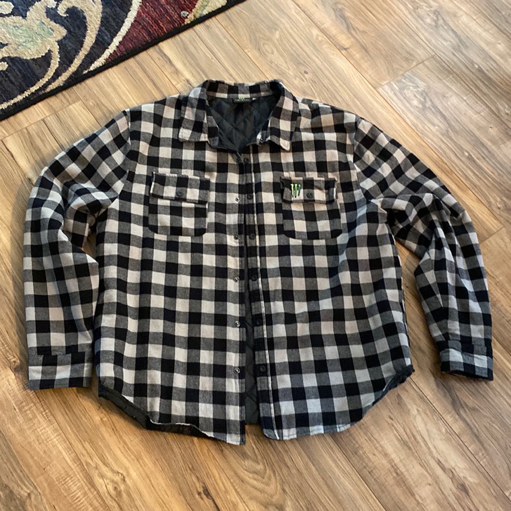 Mens XL  Monster Energy quilted flannel shirt jacket black&gray